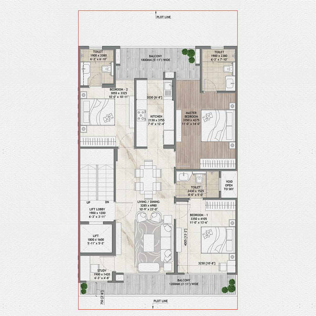 3 BHK + Utility Floor Plan