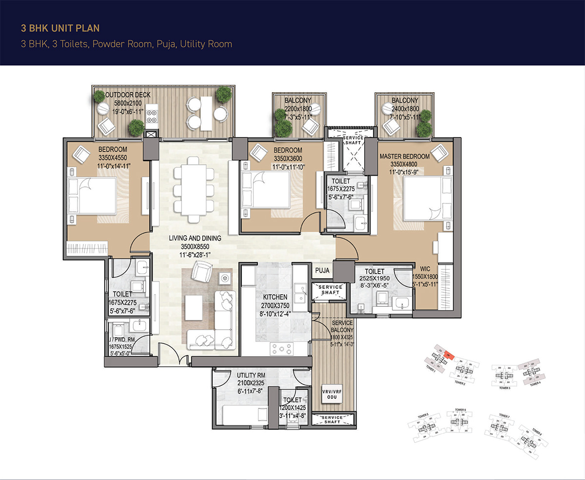 3 BHK + SR Floor Plan